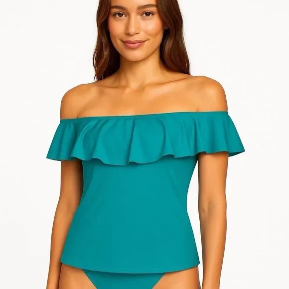 NWT TRINA TURK Women’s Size 20 Monaco Off Shoulder Ruffle Tankini Swim Top Blue - Picture 1 of 7